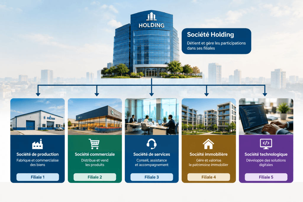 l'image décrit l'organisation d'un groupe de société autour d'une Holding